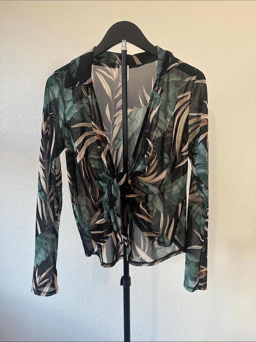 Blue Bell Sheer Leaf-Print Tie-Front Blouse in Green and Black 2000’s